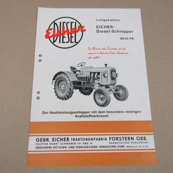 Prospekt Eicher 2-Zylinder Hochleistungsschlepper Diesel 38/40 PS ca 1955