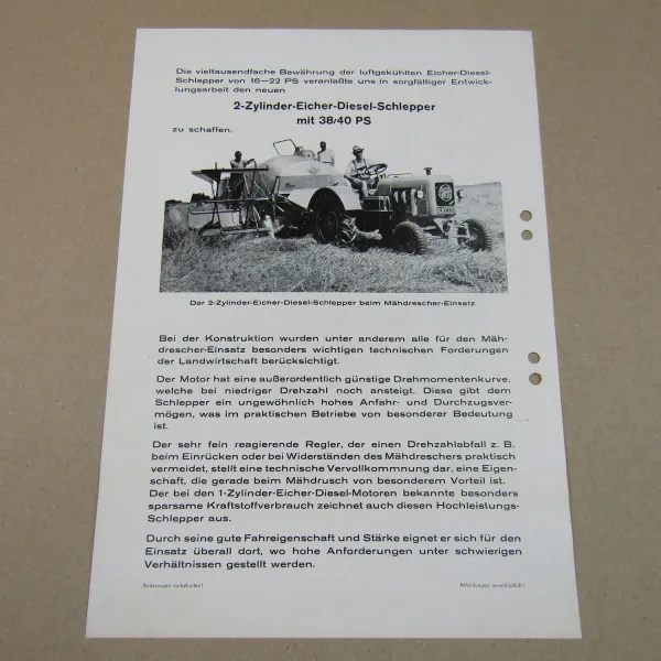 Prospekt Eicher 2-Zylinder Hochleistungsschlepper Diesel 38/40 PS ca 1955