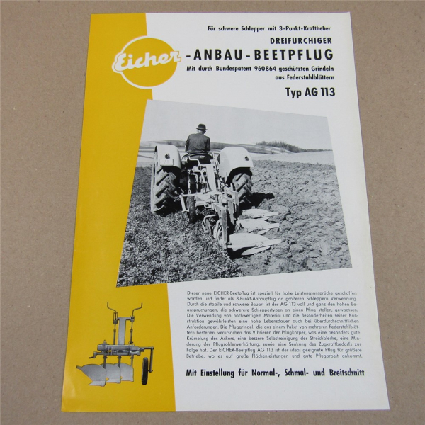 Prospekt Eicher AG 113 Anbau-Beetpflug für schwere Schlepper 1962