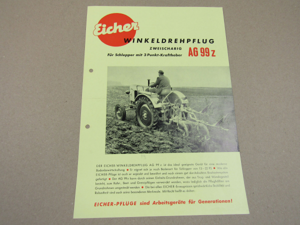 Prospekt Eicher AG 99z Winkeldrehpflug für Schlepper mit 3-Punkt-Kraftheber