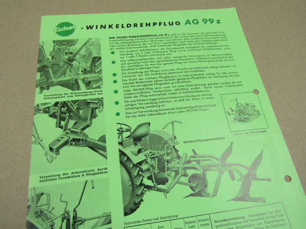 Prospekt Eicher AG 99z Winkeldrehpflug für Schlepper mit 3-Punkt-Kraftheber