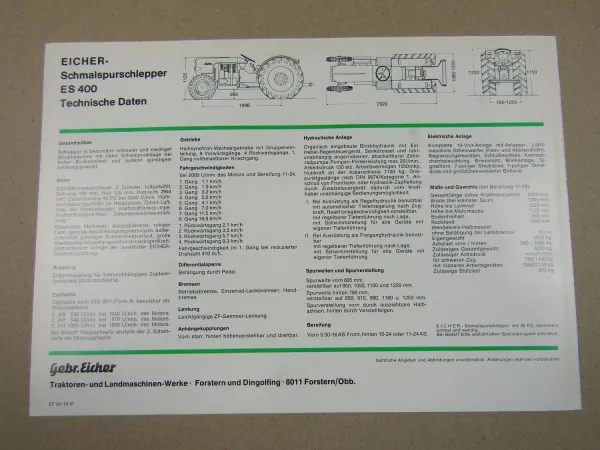 Prospekt Eicher ES 400 mit 40 PS Schmalspurschlepper 1967