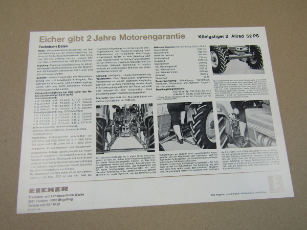 Prospekt Eicher Königstiger 2 Allrad 52 PS Schlepper von 5/1968