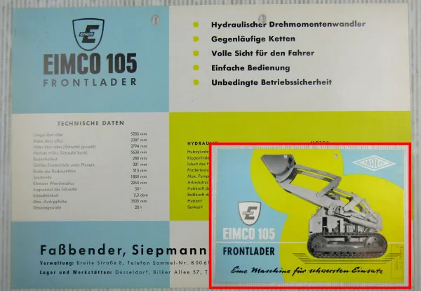 Prospekt EIMCO 105 Frontlader Faßbender Siepmann Düsseldorf FaSieCo