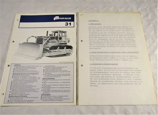 Prospekt Fiat-Allis Fiatallis 31 Raupe Dozer mit 446 PS + Beschreibung 1979