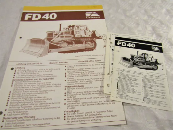 Prospekt Fiat-Allis Fiatallis FD 40 Raupe Dozer 478 PS von 1986 + Datenblätter