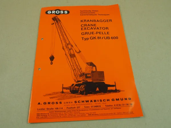 Prospekt Gross GK81 / UB600 Kranbagger mit Deutz Motor 60/70er Jahre