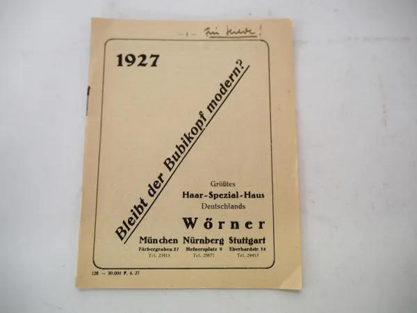 Prospekt Haar Spezialhaus Wörner Perücken 1927 Bleibt der Bubikopf modern?