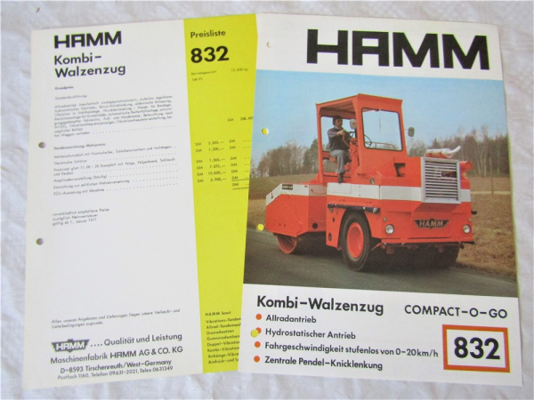 Prospekt Hamm Compact-O-Go 832 Kombi-Walzenzug und Preisliste ab 1/1977