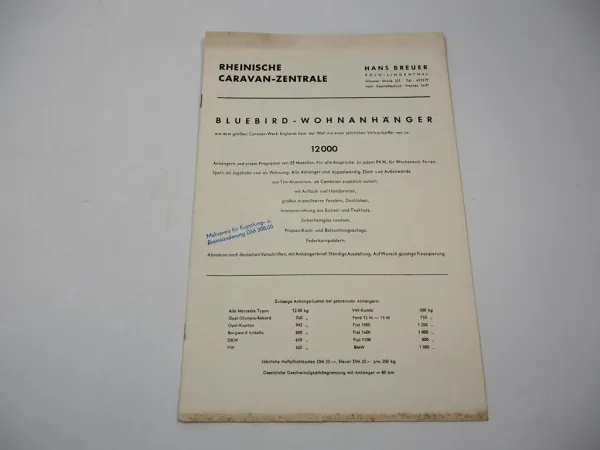Prospekt Hans Breuer Köln Bluebird Wohnanhänger für Opel Mercedes VW Fiat Ford