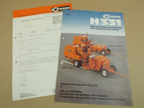 Prospekt Hofmann H331 Straßenmarkiermaschine 2/1983 und Anschreiben BAUMA