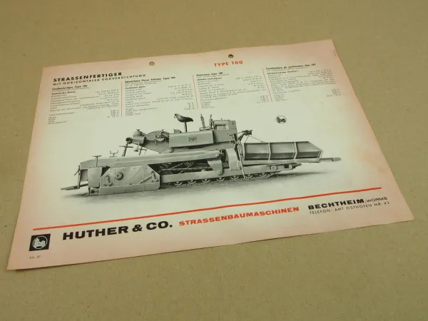 Prospekt Huther & Co Bechtheim Worms Straßenfertiger Type 100 von 1957