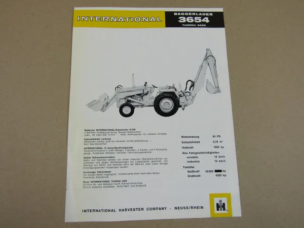 Prospekt IHC International Harvester 3654 Baggerlader mit Tieflöffel 3425