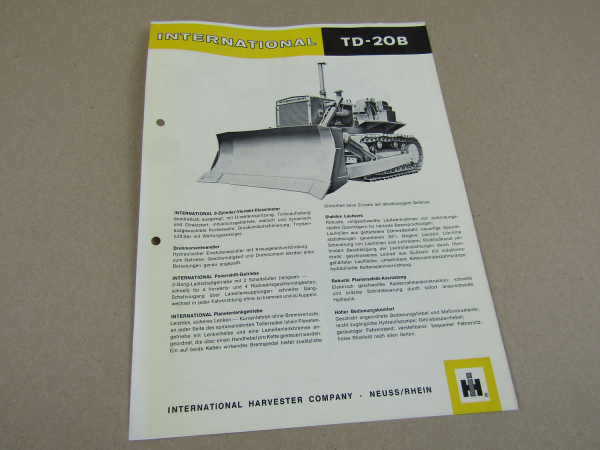 Prospekt IHC International Harvester TD20B Planierraupe 162 PS 6-Zyl. Motor
