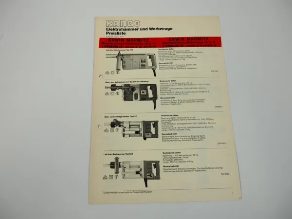 Prospekt Kango Marwitz Elektrohämmer Werkzeuge Preisliste 1978