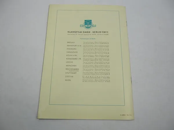 Prospekt Klangfilm Euro-G AEG Kinomaschine Film Theater Apparat 1930er Jahre