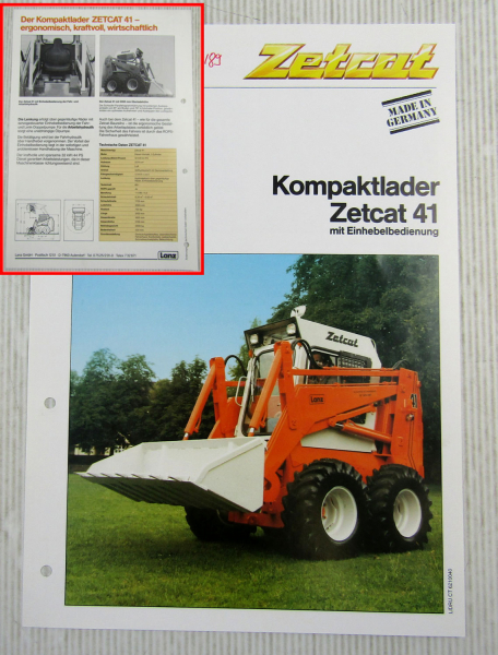 Prospekt Lanz Zetcat 41 Kompaktlader mit Einhebelbedienung Technische Daten 1989