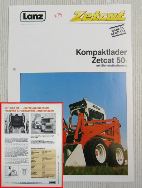 Prospekt Lanz Zetcat 50 1 50-1 Kompaktlader mit Einhebelbedienung 1988