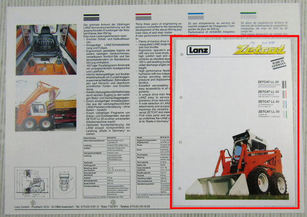 Prospekt Lanz Zetcat LL50 Kompaktlader skid steer loader ca 1990 brochure