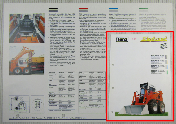 Prospekt Lanz Zetcat LL60 60-5 Kompaktlader chargeuse de direction 1989