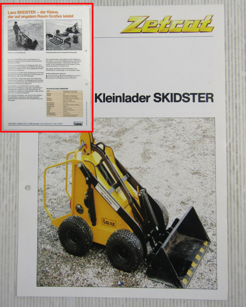 Prospekt Lanz Zetcat SKIDSTER Kleinlader wohl 1989 mit technischen Angaben