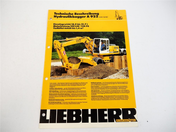 Prospekt Liebherr A 922 Litronic Hydraulikbagger Technische Beschreibung 1992