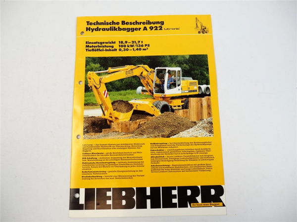 Prospekt Liebherr A 922 Litronic Hydraulikbagger Technische Beschreibung 1993