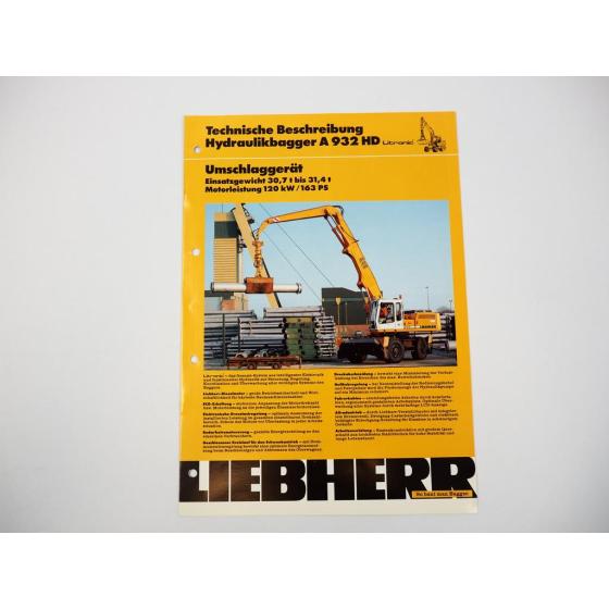 Prospekt Liebherr A932 HD Hydraulikbagger Technische Beschreibung 6/1992