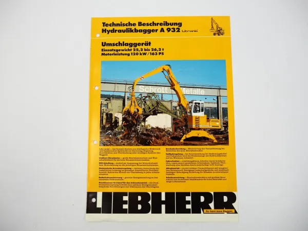 Prospekt Liebherr A932 Hydraulikbagger Technische Beschreibung 2/1992