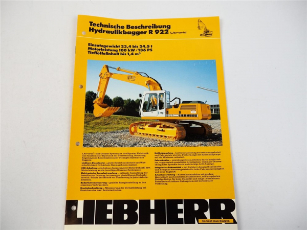 Prospekt Liebherr R 922 Litronic Hydraulikbagger Technische Beschreibung 1992