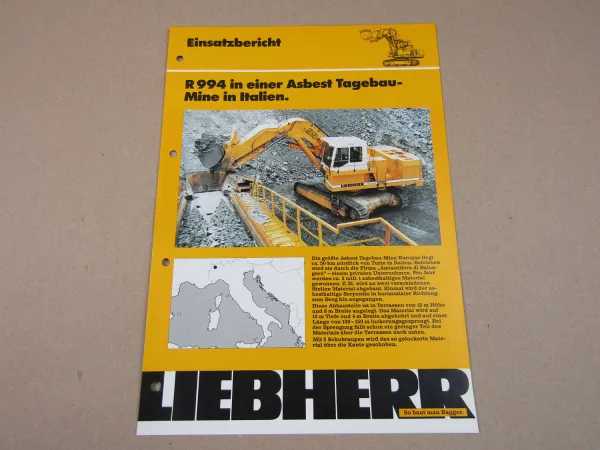 Prospekt Liebherr R 994 Bagger 9/86 Einsatzbericht Asbest Tagebau-Mine Italien