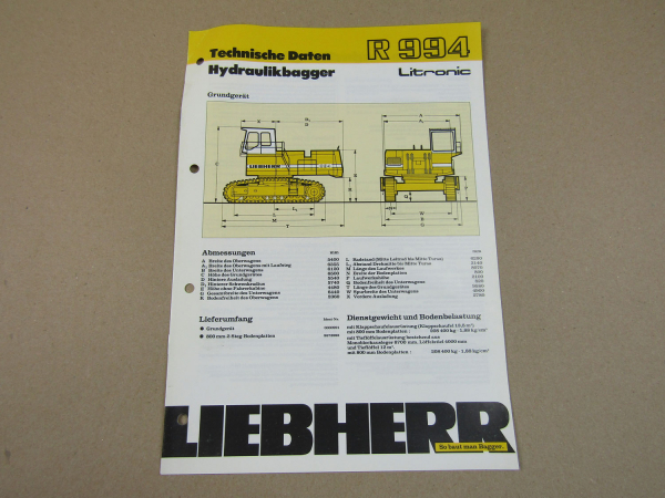 Prospekt Liebherr R 994 Litronic Technische Daten 4/1989