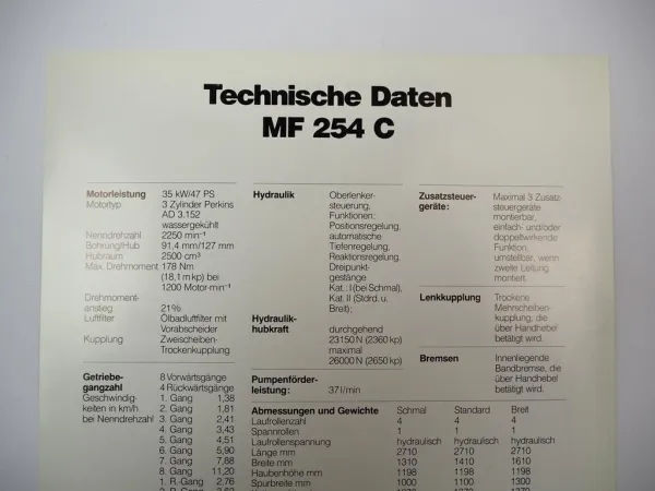 Prospekt Massey Ferguson MF 254C Schlepper Raupenschlepper 1983
