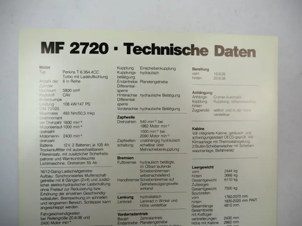 Prospekt Massey Ferguson MF2720 Schlepper 147 PS 1982