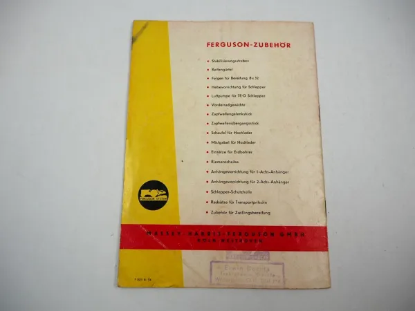Prospekt Massey Ferguson TE-D TE-F Schlepper Anbaugeräte 1954