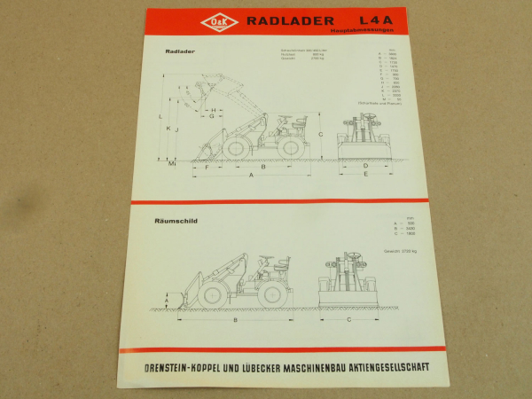 Prospekt O&K L4A Radlader und Anbaugeräte Kehrmaschine Tieflöffel Hubstapler 67