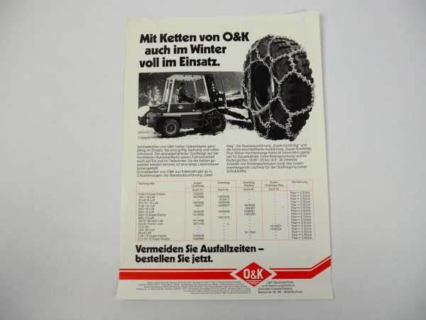 Prospekt O&K Schneeketten für Gabelstapler 1985