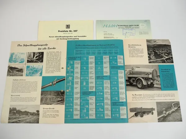 Prospekt Perrot Kardan Schnellkupplungsrohre für Pumpen 1958 + Preisliste