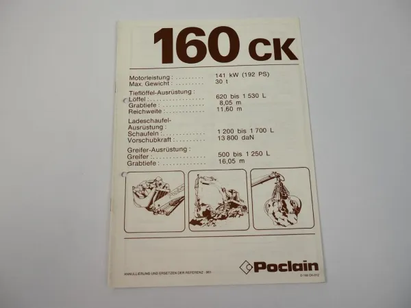 Prospekt Poclain 160CK Hydraulikbagger Technische Daten 1980er Jahre