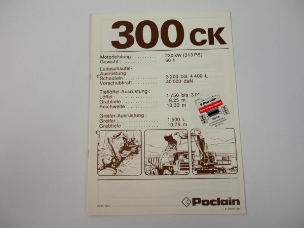 Prospekt Poclain 300CK Hydraulikbagger Datenblatt 1980