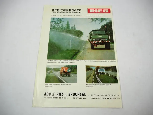 Prospekt Ries Spezialgeräte Bruchsal Spritzgeräte am Unimog 406 421 ca. 1970er J.
