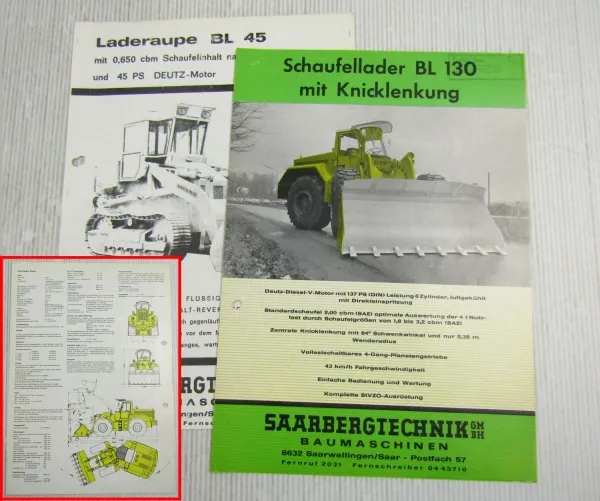 Prospekt Saarbergtechnik BL130 Schaufellader + Technische Daten BL45 Laderaupe