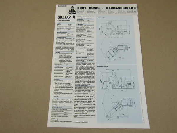 Prospekt Schaeff SKL 851 A Radlader Compactlader Allrad mit Perkins 4.236 4/1990