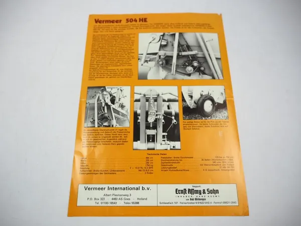 Prospekt Vermeer 504HE Rundballen Presse 1970/80er Jahre