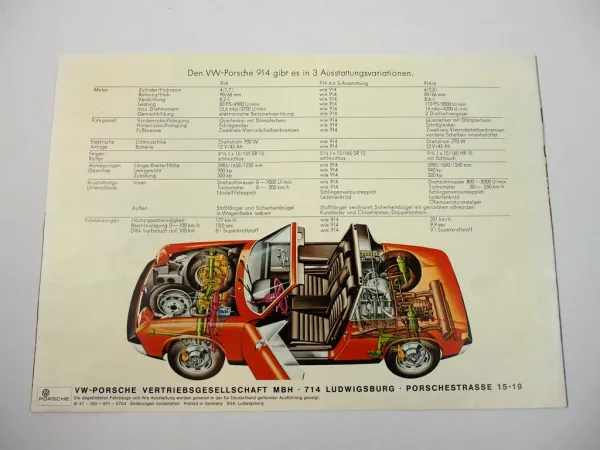 Prospekt VW Porsche 914 mit 1.7L 80 PS und 2.0L 110 PS von 1971 Sportwagen