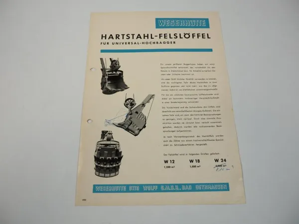 Prospekt Weserhütte W 12 18 24 Hartstahl Felslöffel für Hochbagger 1960