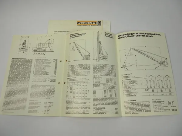 Prospekt Weserhütte W120 Raupenbagger Kran Techn. Daten 1979 + Angebot