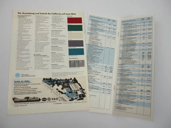 Prospekte VW California T4 Ausstattung Farben + Preisliste Transporter 1991