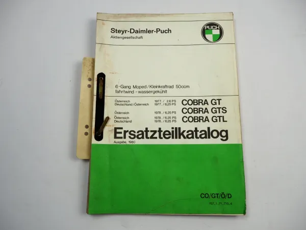 Puch Cobra GT GTS GTL Moped 6 Gang 50 ccm Ersatzteilliste Ersatzteilkatalog 1980