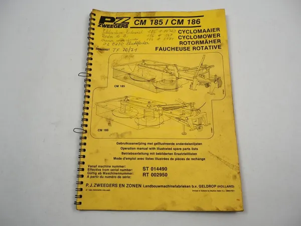 PZ Zweegers CM185 CM186 Rotormäher Betriebsanleitung Ersatzteilliste 1988